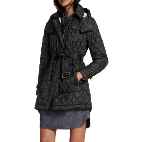 Burberry Finsbridge Black Quilted Belted Hooded Jacket Coat